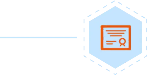 Hexagon shape in blue with certificate in orange.