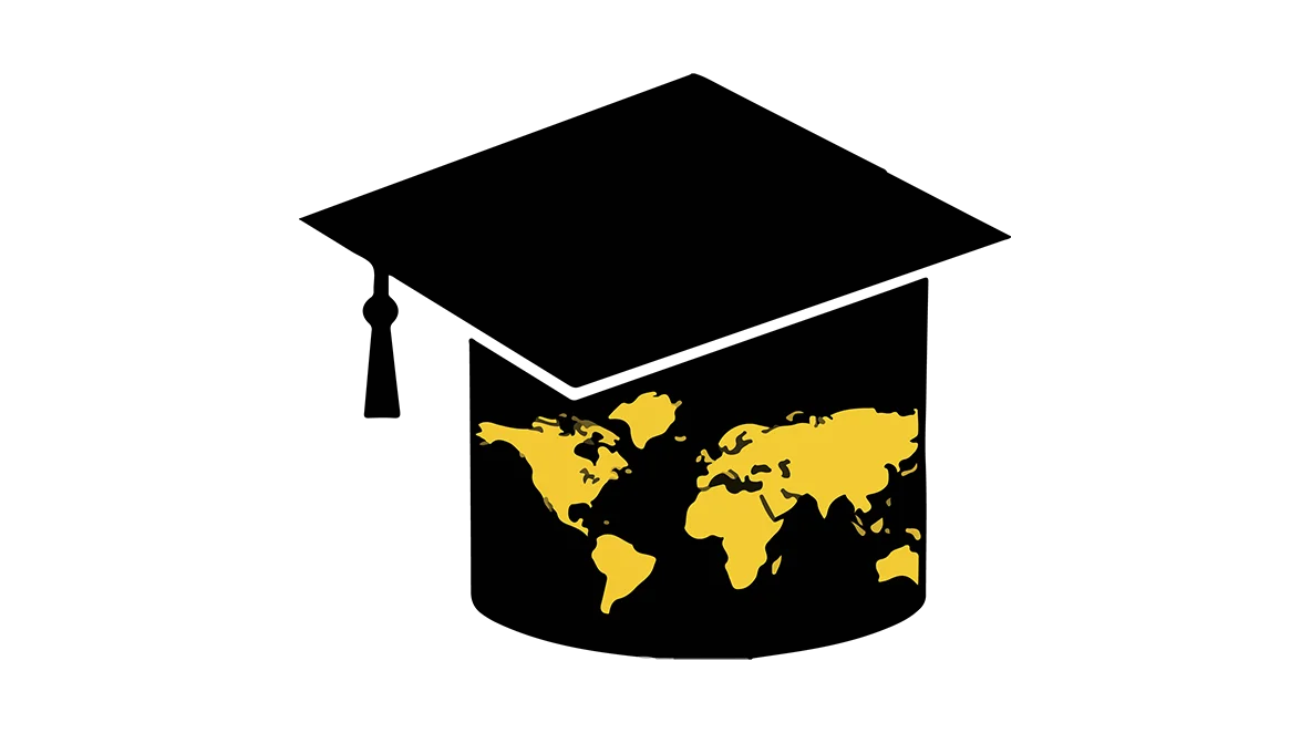 Black hat logo with yellow map of the world.